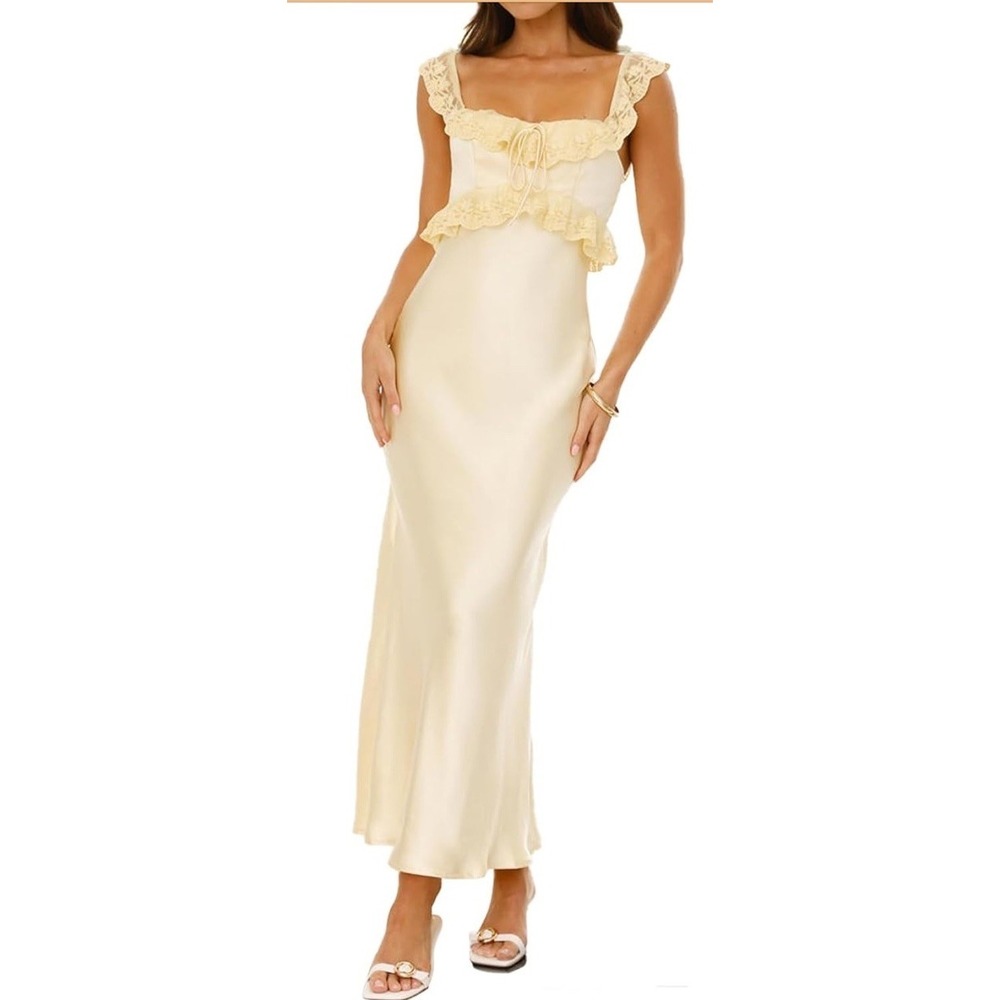 FULLVEB Elegant Formal Satin & Lace Maxi Dress, Off Shoulder, Butter Yellow NEW